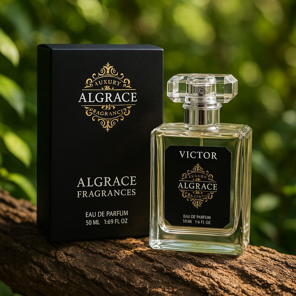Close‑up of Victor Perfume bottle by AlGrace Fragrances – Woody aromatic fragrance for men