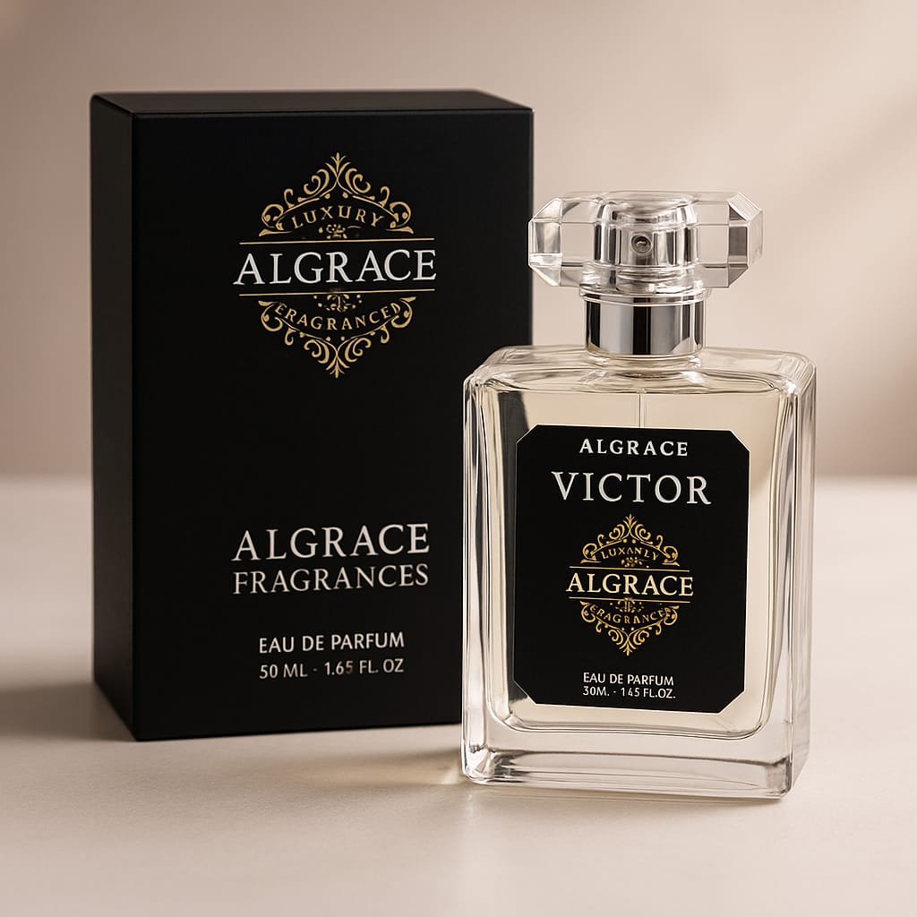 Victor Perfume box packaging by AlGrace Fragrances – Woody aromatic luxury scent for men in Pakistan 
